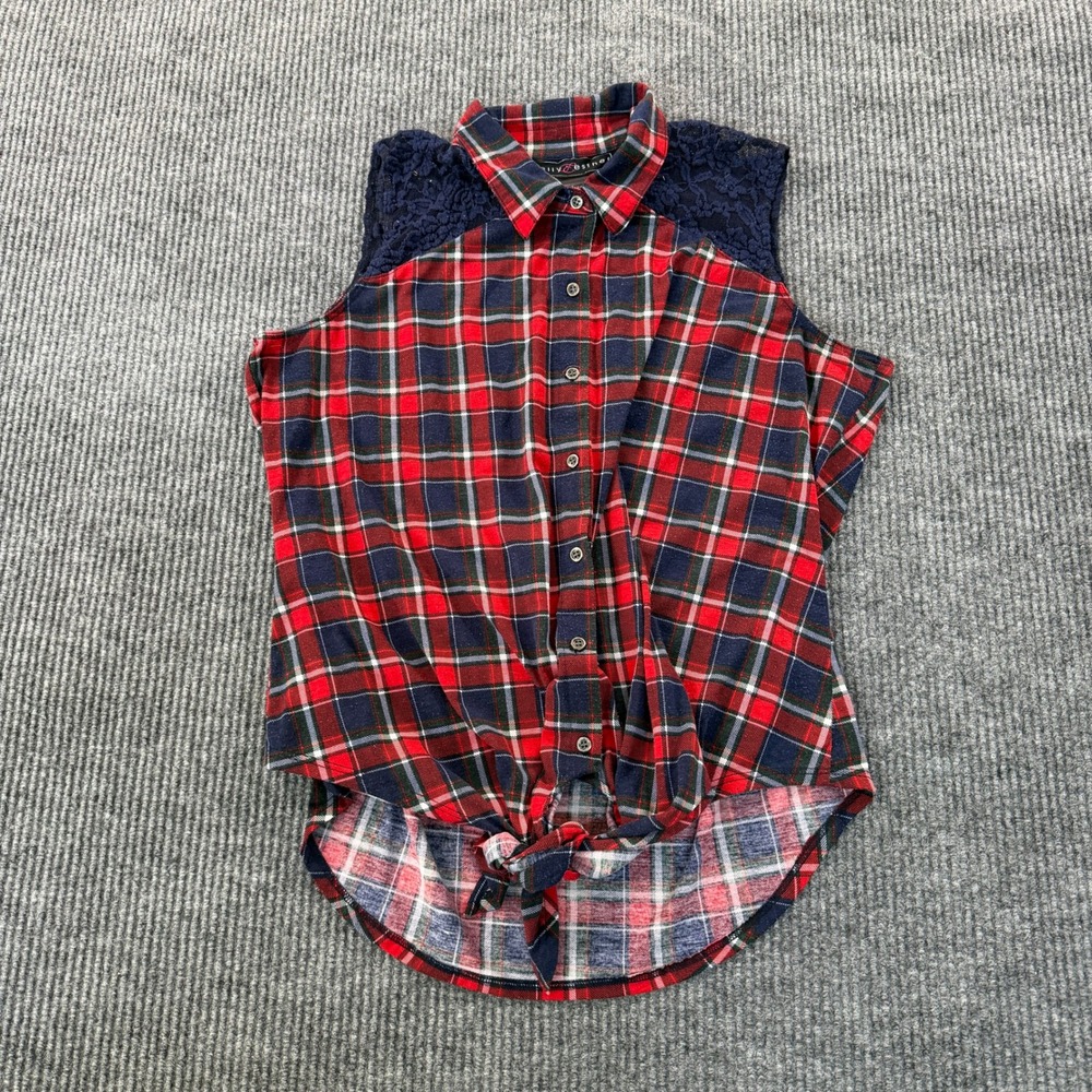 Polly Esther Womens Plaid Lace Yoke Sleeveless Tie Front Top Red Blue P2P 20in